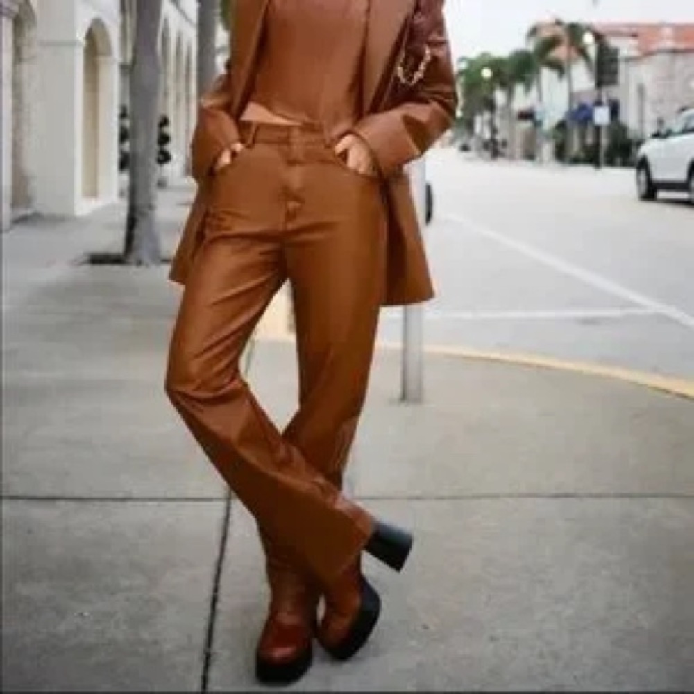 Zara Brown Faux Leather Pants - Picture 3 of 13